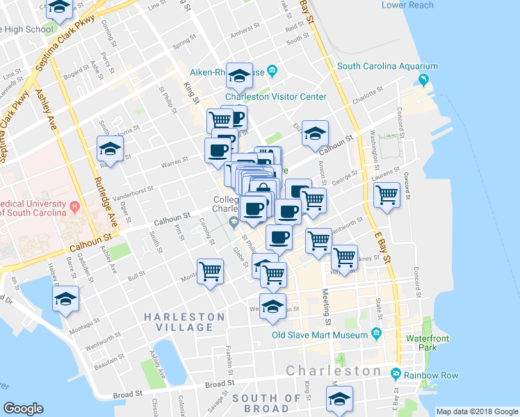 map of restaurants, bars, coffee shops, grocery stores, and more near 21 Burns Lane in Charleston