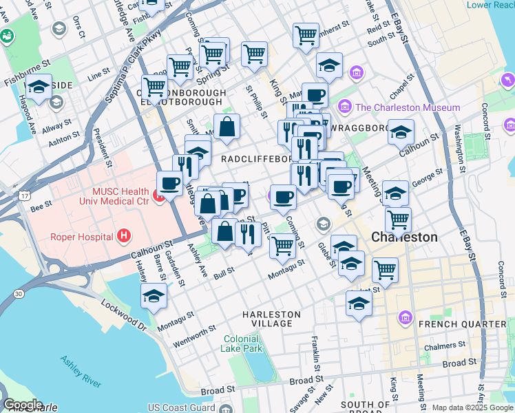 map of restaurants, bars, coffee shops, grocery stores, and more near 20 Duncan Street in Charleston
