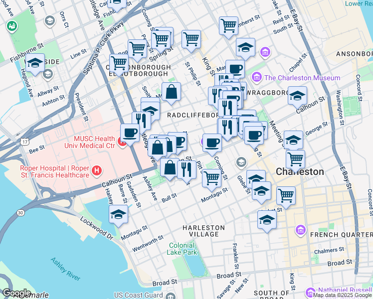 map of restaurants, bars, coffee shops, grocery stores, and more near 20 Duncan Street in Charleston