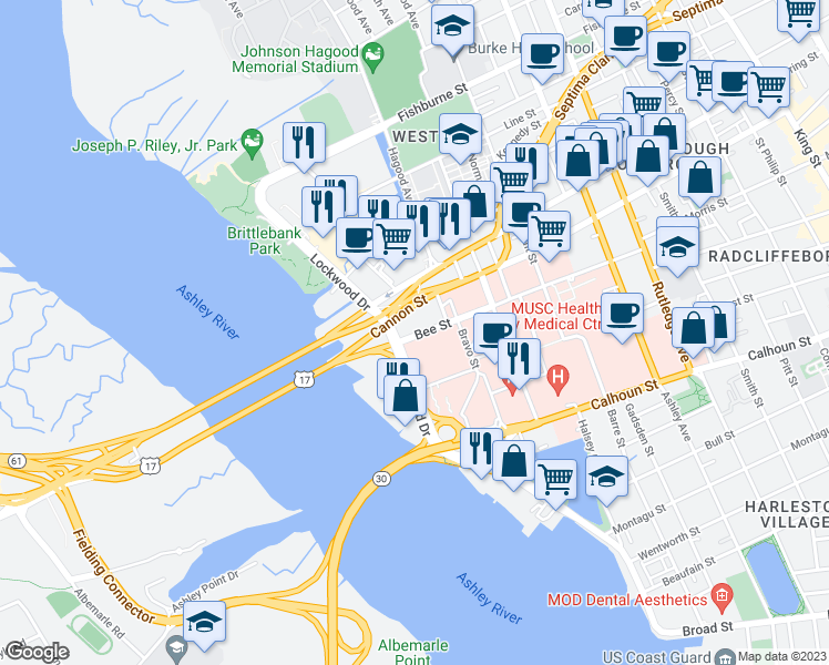 map of restaurants, bars, coffee shops, grocery stores, and more near 144 Bee Street in Charleston