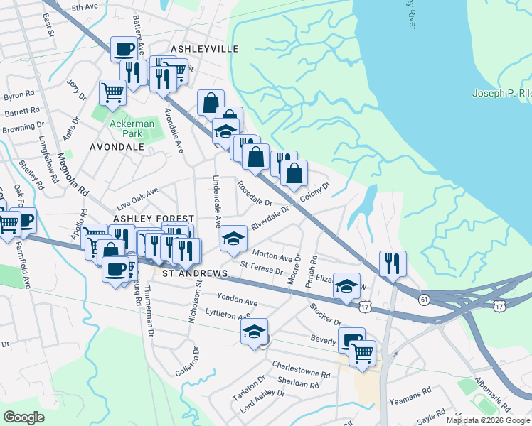 map of restaurants, bars, coffee shops, grocery stores, and more near 2 Ashdale Drive in Charleston