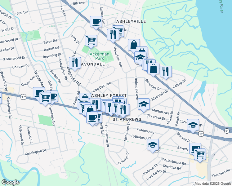 map of restaurants, bars, coffee shops, grocery stores, and more near 301 Tall Oak Avenue in Charleston