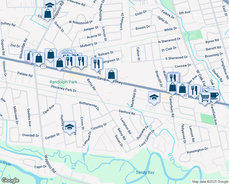 map of restaurants, bars, coffee shops, grocery stores, and more near 1595 Savannah Highway in Charleston