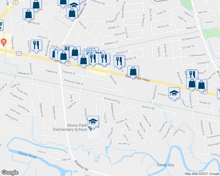 map of restaurants, bars, coffee shops, grocery stores, and more near 1635 Pearlott Street in Charleston