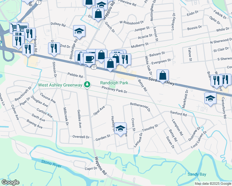 map of restaurants, bars, coffee shops, grocery stores, and more near 1684 Pinckney Park Drive in Charleston