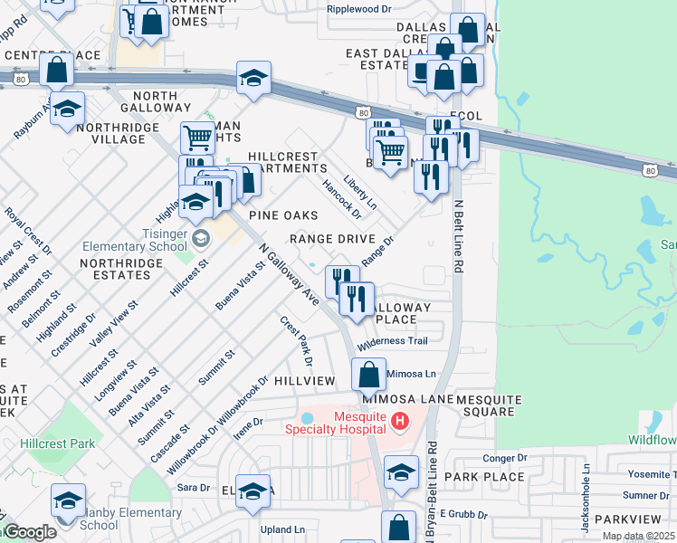 map of restaurants, bars, coffee shops, grocery stores, and more near 1576 North Galloway Avenue in Mesquite