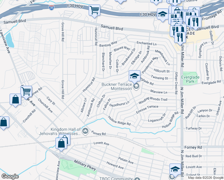 map of restaurants, bars, coffee shops, grocery stores, and more near 4924 Ashbrook Road in Dallas