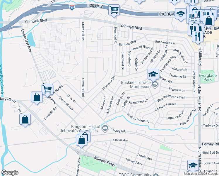 map of restaurants, bars, coffee shops, grocery stores, and more near 7107 Hunnicut Road in Dallas