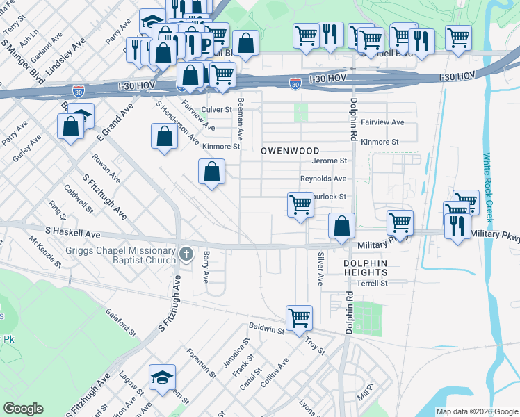 map of restaurants, bars, coffee shops, grocery stores, and more near 3015 Spurlock St in Dallas