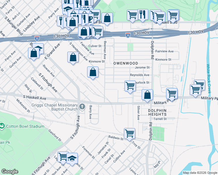 map of restaurants, bars, coffee shops, grocery stores, and more near 2910 Spurlock Street in Dallas