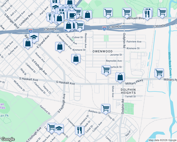 map of restaurants, bars, coffee shops, grocery stores, and more near 2910 Spurlock Street in Dallas