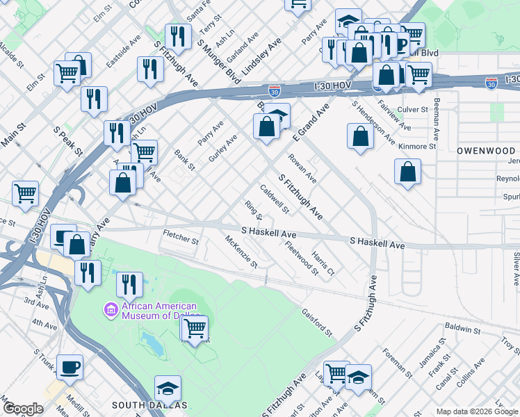 map of restaurants, bars, coffee shops, grocery stores, and more near 4702 East Grand Avenue in Dallas