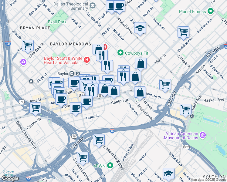 map of restaurants, bars, coffee shops, grocery stores, and more near 3270 Elm Street in Dallas