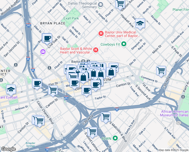 map of restaurants, bars, coffee shops, grocery stores, and more near 300 North Walton Street in Dallas