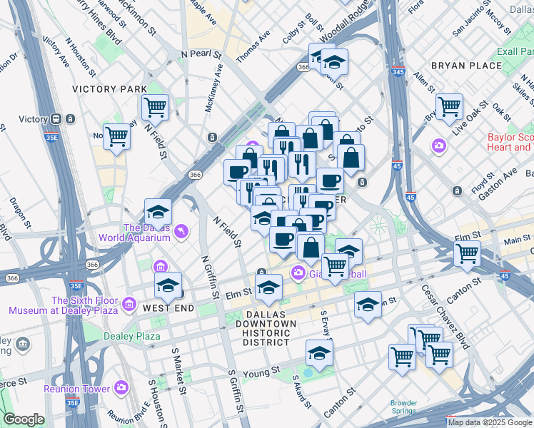 map of restaurants, bars, coffee shops, grocery stores, and more near 1707 San Jacinto Street in Dallas