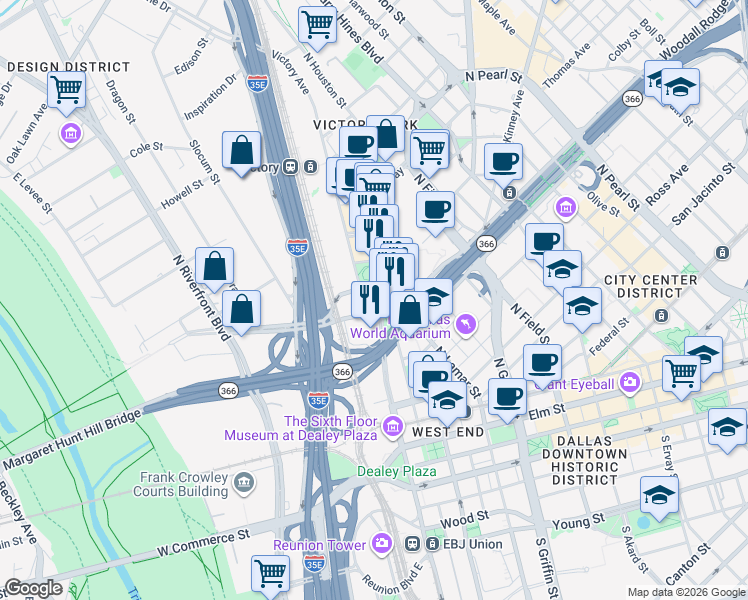 map of restaurants, bars, coffee shops, grocery stores, and more near 2427 North Houston Street in Dallas