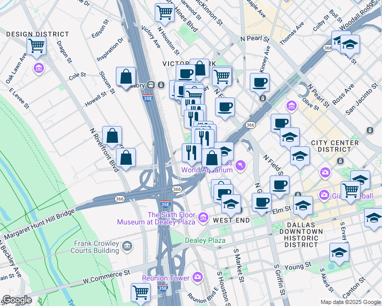 map of restaurants, bars, coffee shops, grocery stores, and more near 2427 North Houston Street in Dallas