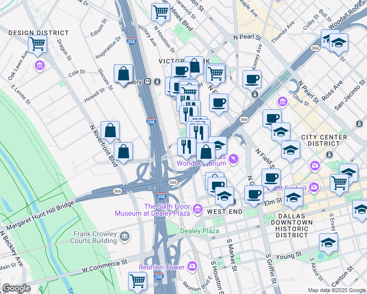 map of restaurants, bars, coffee shops, grocery stores, and more near 2427 North Houston Street in Dallas