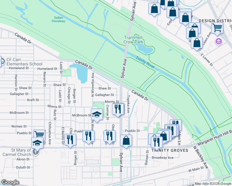 map of restaurants, bars, coffee shops, grocery stores, and more near 826 Shaw Street in Dallas
