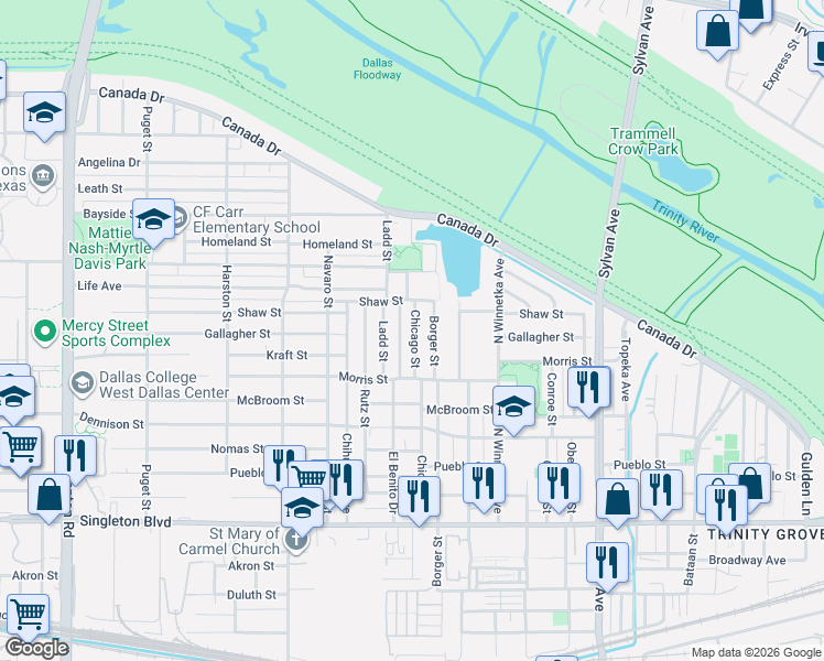 map of restaurants, bars, coffee shops, grocery stores, and more near 3521 Chicago Street in Dallas