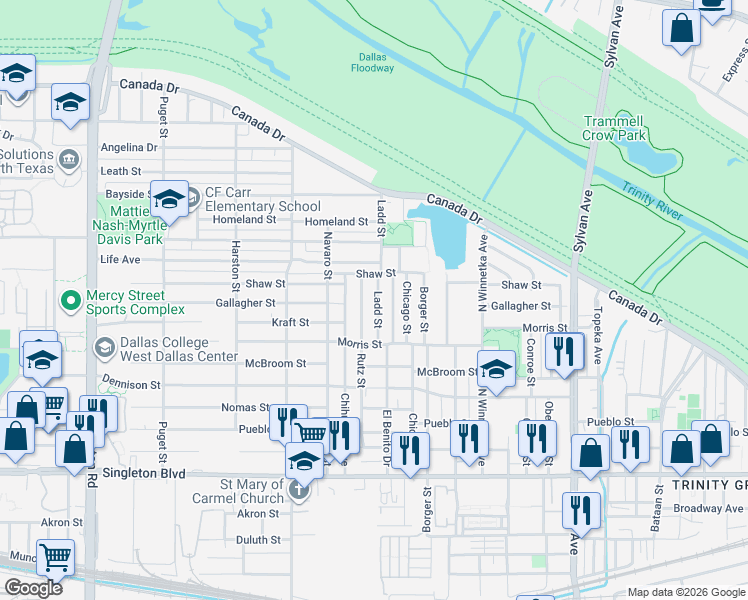 map of restaurants, bars, coffee shops, grocery stores, and more near 3525 Ladd Street in Dallas