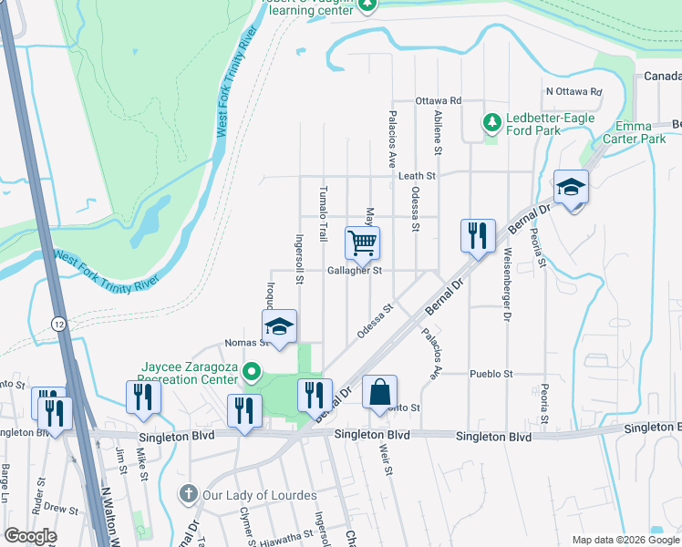map of restaurants, bars, coffee shops, grocery stores, and more near 3514 Harlingen Street in Dallas
