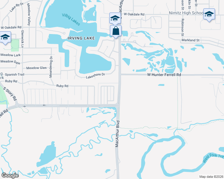 map of restaurants, bars, coffee shops, grocery stores, and more near 1301 White Lake Drive in Irving