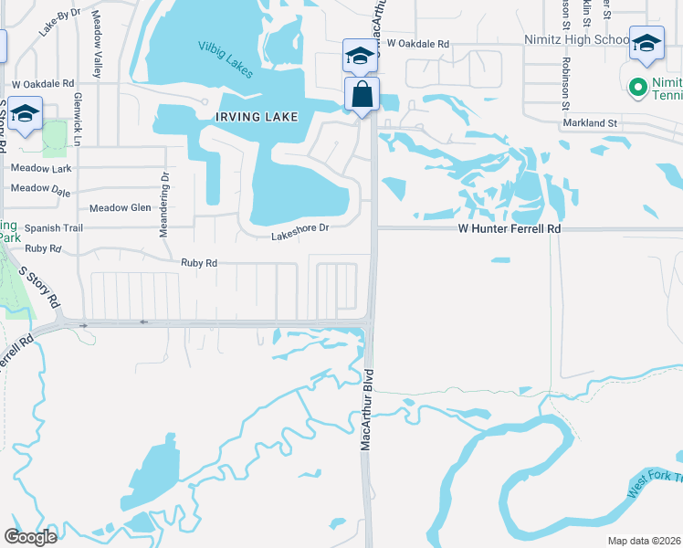 map of restaurants, bars, coffee shops, grocery stores, and more near 1301 White Lake Drive in Irving
