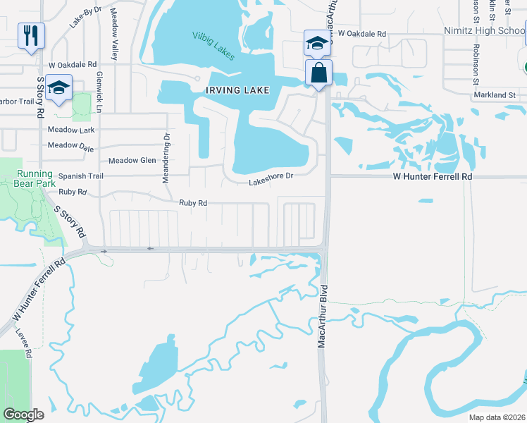 map of restaurants, bars, coffee shops, grocery stores, and more near 2700 Lake Gardens Drive in Irving