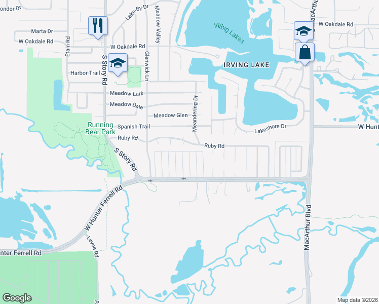 map of restaurants, bars, coffee shops, grocery stores, and more near 1948 Ruby Road in Irving
