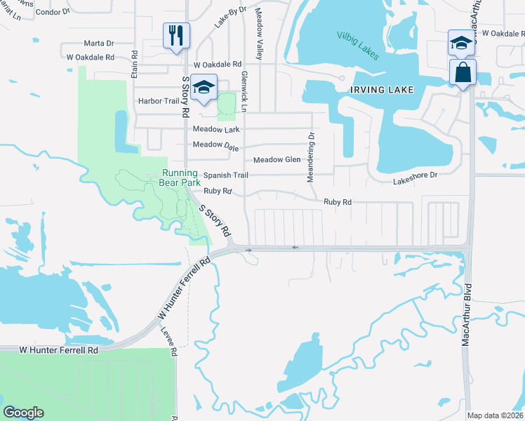 map of restaurants, bars, coffee shops, grocery stores, and more near 2205 Rita Court in Irving