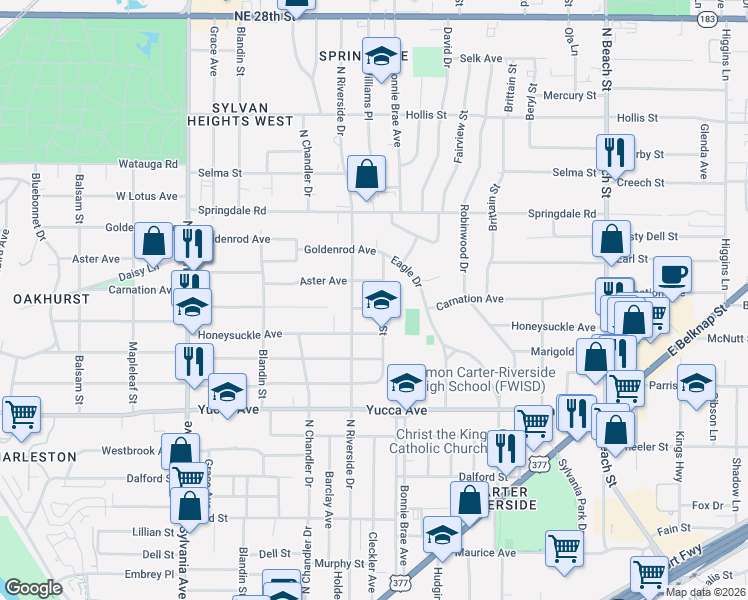 map of restaurants, bars, coffee shops, grocery stores, and more near 3114 Aster Avenue in Fort Worth