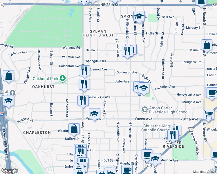 map of restaurants, bars, coffee shops, grocery stores, and more near 2805 Aster Avenue in Fort Worth