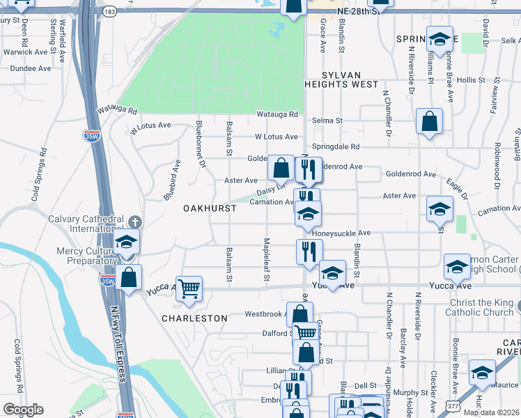 map of restaurants, bars, coffee shops, grocery stores, and more near 2501 Carnation Avenue in Fort Worth