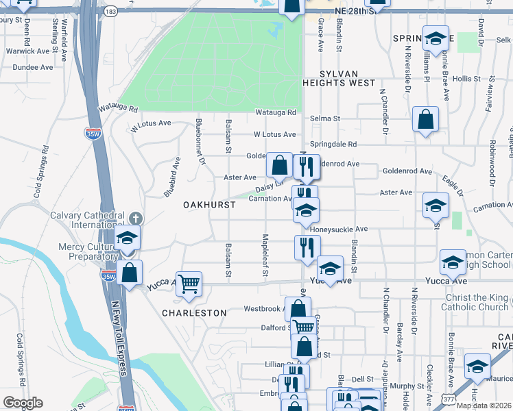 map of restaurants, bars, coffee shops, grocery stores, and more near 2501 Carnation Avenue in Fort Worth