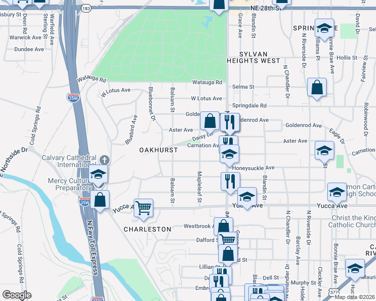 map of restaurants, bars, coffee shops, grocery stores, and more near 2309 Daisy Lane in Fort Worth