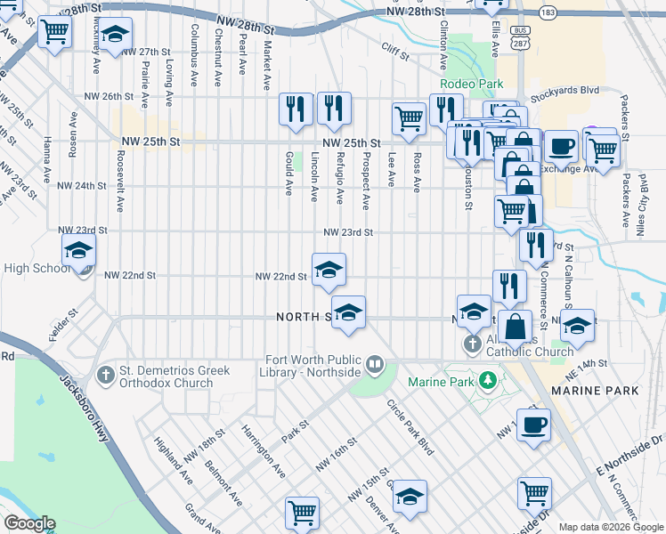map of restaurants, bars, coffee shops, grocery stores, and more near 2212 Refugio Avenue in Fort Worth