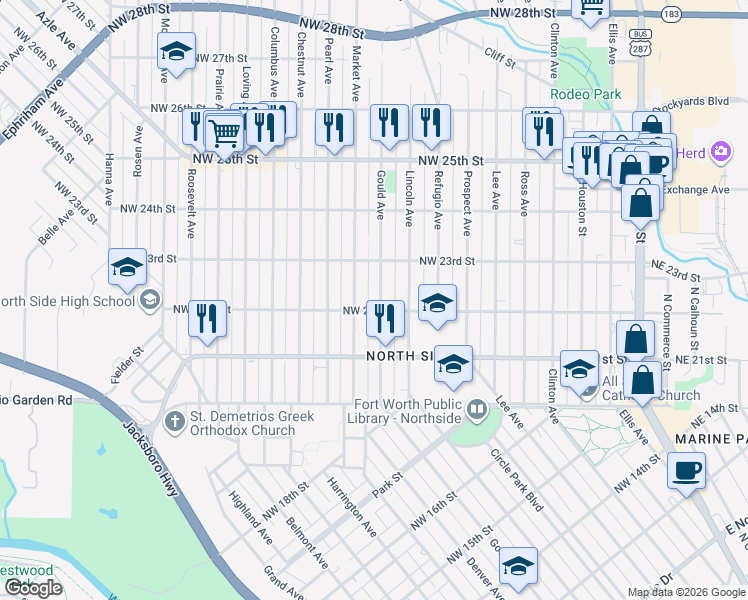 map of restaurants, bars, coffee shops, grocery stores, and more near 2213 Gould Avenue in Fort Worth
