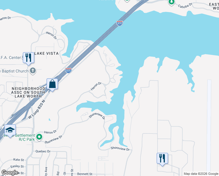 map of restaurants, bars, coffee shops, grocery stores, and more near 8300 Heron Drive in Fort Worth