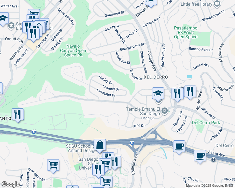 map of restaurants, bars, coffee shops, grocery stores, and more near 6014 Lancaster Drive in San Diego