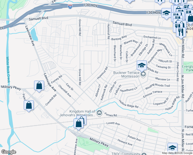 map of restaurants, bars, coffee shops, grocery stores, and more near 7107 Hunnicut Road in Dallas