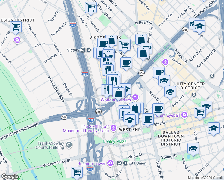 map of restaurants, bars, coffee shops, grocery stores, and more near 2211 North Lamar Street in Dallas