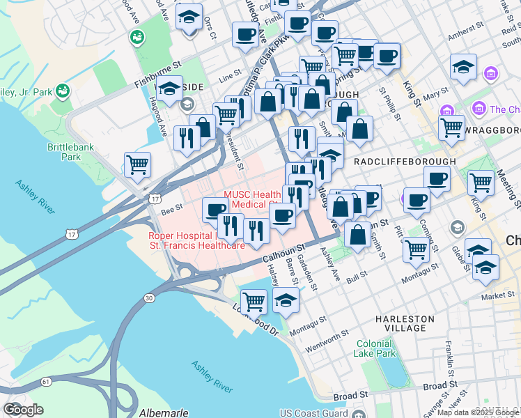 map of restaurants, bars, coffee shops, grocery stores, and more near 68 President Street in Charleston