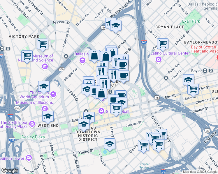 map of restaurants, bars, coffee shops, grocery stores, and more near in Dallas