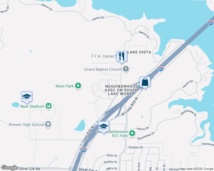map of restaurants, bars, coffee shops, grocery stores, and more near 8917 Villa Ridge Drive in Fort Worth