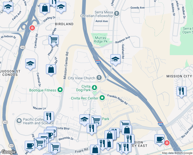 map of restaurants, bars, coffee shops, grocery stores, and more near 8404 Phyllis Place in San Diego