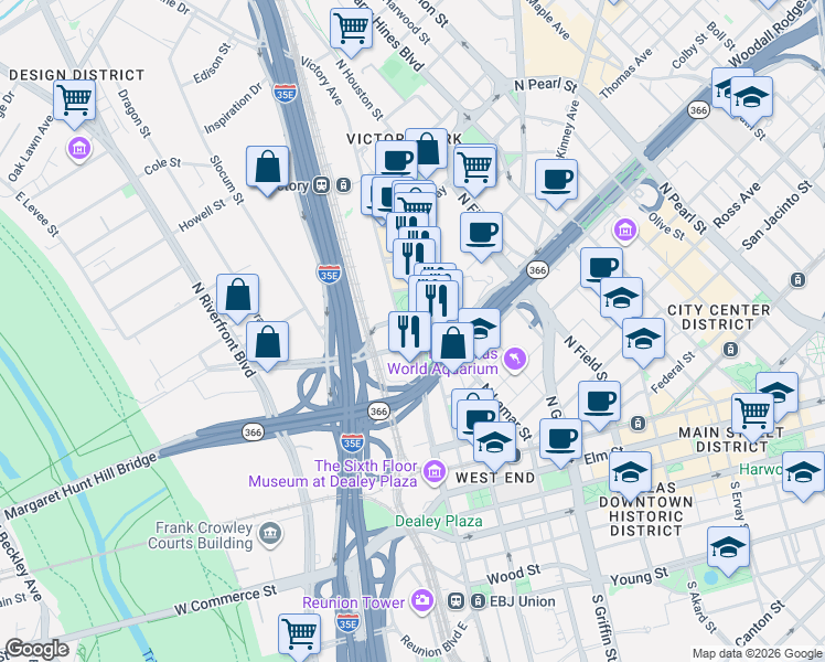 map of restaurants, bars, coffee shops, grocery stores, and more near 2200 Victory Avenue in Dallas