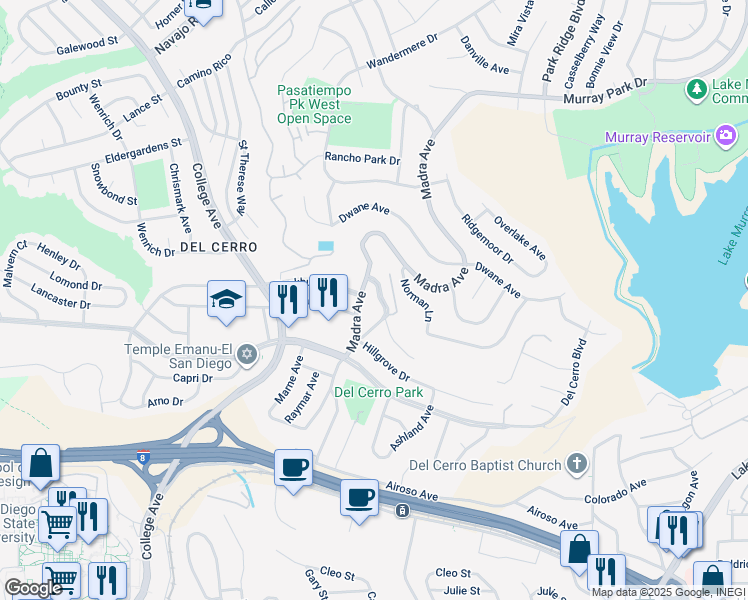 map of restaurants, bars, coffee shops, grocery stores, and more near 6347 Elmhurst Drive in San Diego