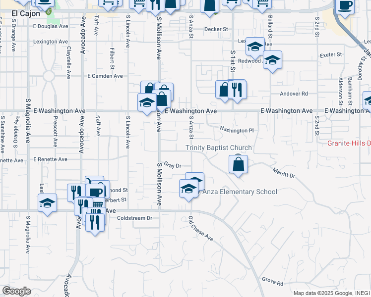 map of restaurants, bars, coffee shops, grocery stores, and more near 986 Merritt Drive in El Cajon