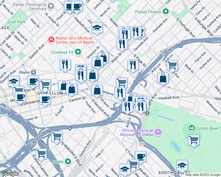 map of restaurants, bars, coffee shops, grocery stores, and more near 3800 Commerce Street in Dallas